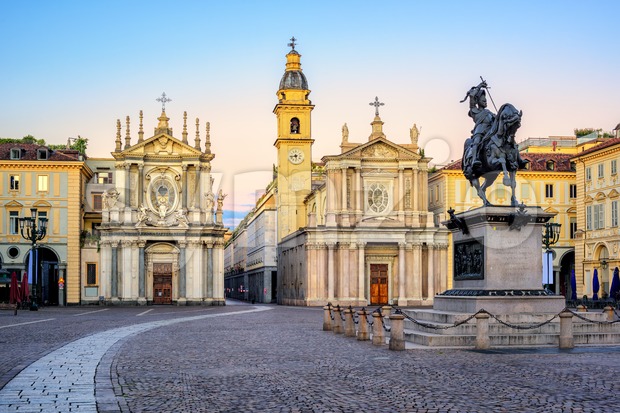 Piazza San Carlo and twin churches in the city center of Turin, Italy Stock Photo
