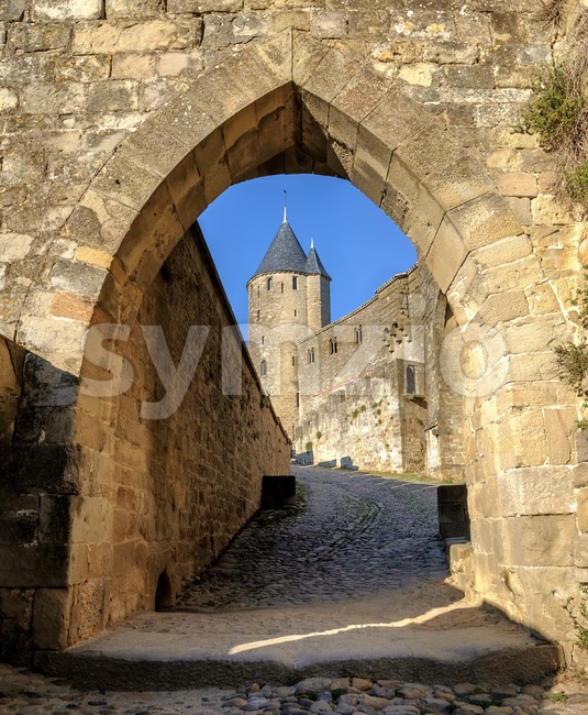 Medieval walls and towers of Carcassonne, Languedoc, France Stock Photo