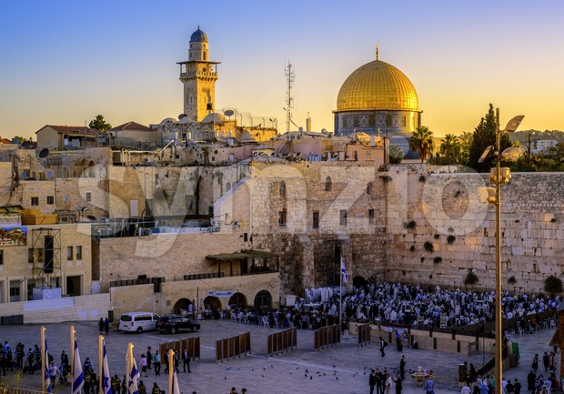 The Western Wall and Golden Dome mosque, Jerusalem, Israel Stock Photo