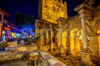 The Hadrian's Gate at night, Antalya, Turkey Stock Photo
