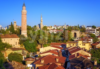 Old Town of Antalya, Turkey, with Yivli Minaret and Clock Tower Stock Photo