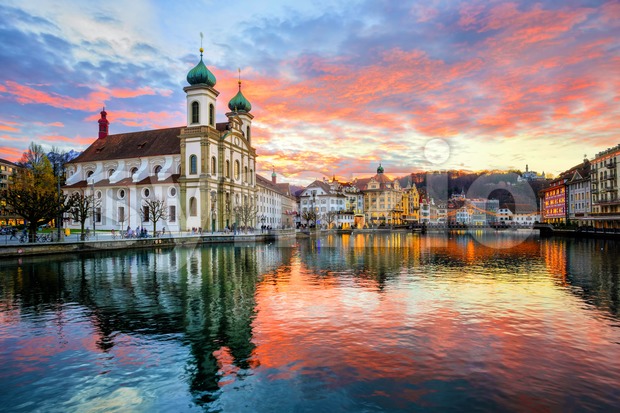 Sunset over the old town of Lucerne, Switzerland Stock Photo
