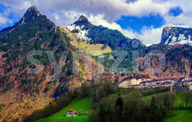 Gruyeres town in the Swiss Alps, Switzerland Stock Photo
