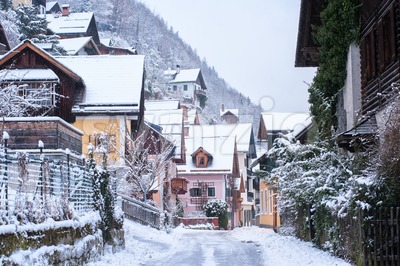 Hallstatt old town, Alps mountains, Austria, in winter Stock Photo