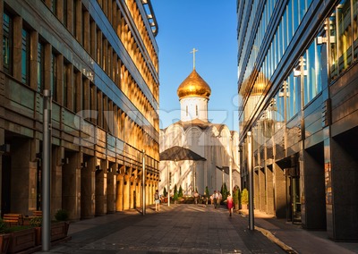 Orthodox church and office buildings in Moscow, Russia Stock Photo
