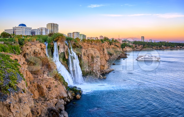 Duden coast waterfalls, Antalya, Turkey, on sunset Stock Photo