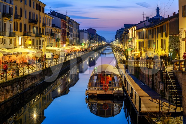 Milan city, Italy, Naviglo Grande canal in the late evening Stock Photo
