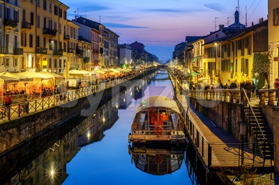 Milan city, Italy, Naviglo Grande canal in the late evening Stock Photo