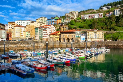 Colorful houses in Mutriku port and Old town, Basque country, Spain Stock Photo