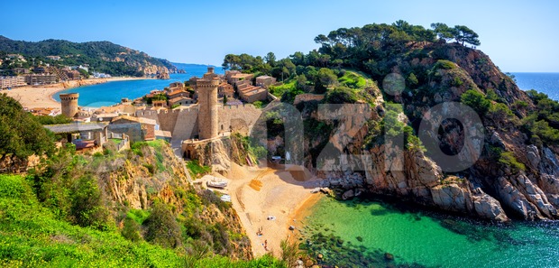 Tossa de Mar, sand beach and Old Town walls, Catalonia, Spain Stock Photo