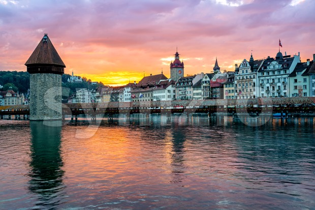 Lucerne, Switzerland, Old Town on dramatic sunset Stock Photo