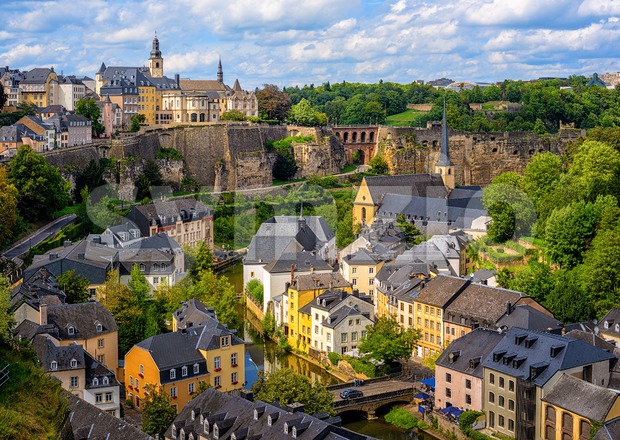 Luxembourg city, view of the Old Town and Grund Stock Photo