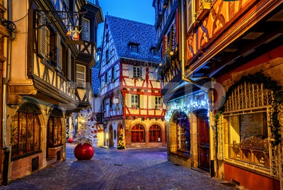 Traditional Christmas decorations and illumination in Colmar Old Town, Alsace, France Stock Photo