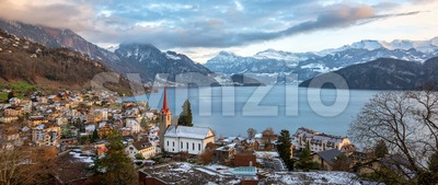 Weggis village on Lake Lucerne, swiss Alps mountains, Switzerland Stock Photo