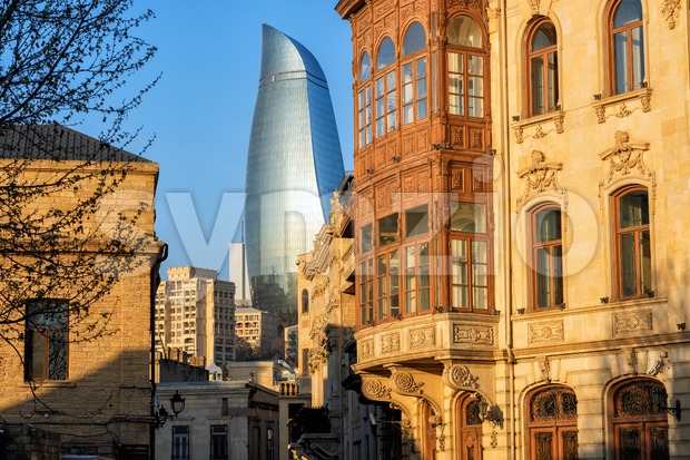 Baku Old town, Azerbaijan, with historical and modern buildings Stock Photo