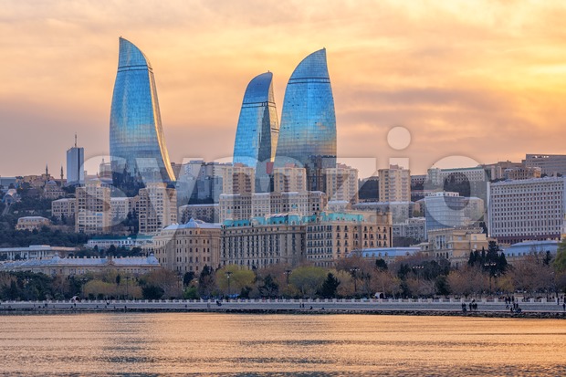 Baku, Azerbaijan, view of the city and Flower Tower skyscrapers Stock Photo