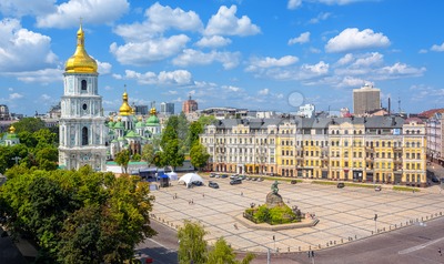 Kiev, Ukraine, city view with St. Sophia's golden dome cathedral Stock Photo