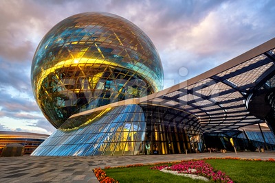 Astana, Kazakhstan, the modernist glass sphere of Nur Alem pavilion Stock Photo