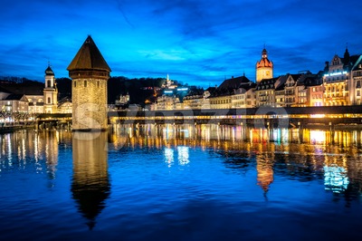 Lucerne, Switzerland, the Old town and Chapel bridge in the late evening blue light Stock Photo