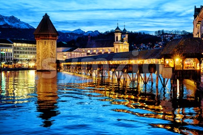 Lucerne, Switzerland, the Old town and Chapel bridge in the late evening blue light Stock Photo