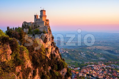 Guaita tower fortress on sunrise, San Marino Stock Photo