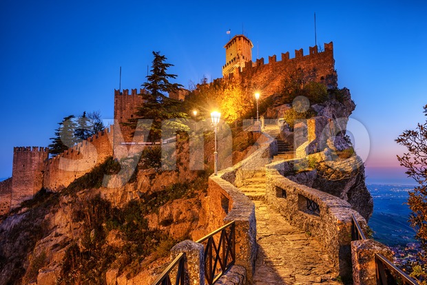 First tower of San Marino at night Stock Photo