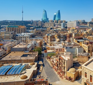 Baku city, the Old town and modern skyline, Azerbaijan Stock Photo