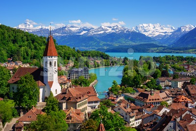 Thun city and lake in swiss Alps, Switzerland Stock Photo