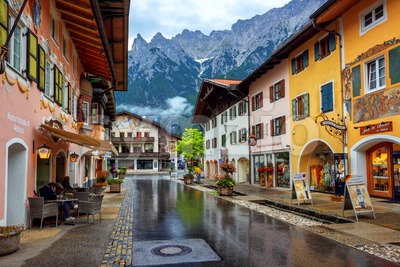 Colorful houses in Mittenwald Old town, Alps mountains, Germany Stock Photo