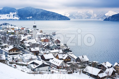 Lake Lucerne in snow winter time, Switzerland Stock Photo