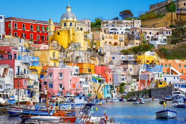 Old town port of Procida island, Naples, Italy Stock Photo