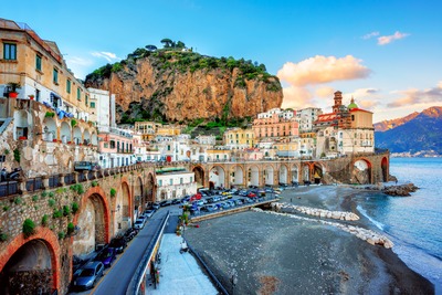 Atrani Old town and beach on Amalfi coast, Naples, Italy Stock Photo
