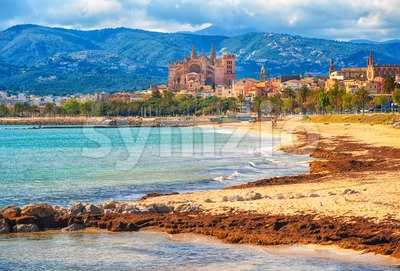 Sand beach in Palma de Mallorca, gothic cathedral in background, Spain Stock Photo