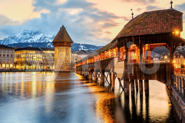 Lucerne city, historical Chapel bridge on sunset Stock Photo
