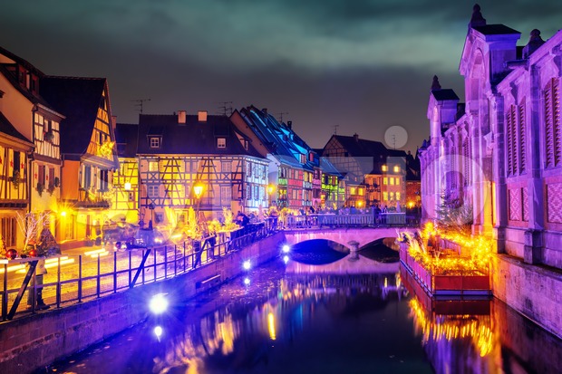 Old town of Colmar, Alsace, France, illuminated for Christmas celebrations Stock Photo