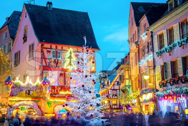 Christmas time illumination in Colmar, Alsace, France Stock Photo