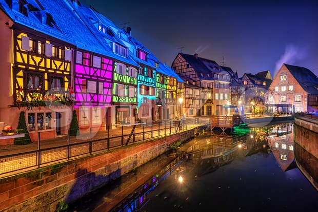 Historical houses illuminated for Christmas in Colmar, Alsace, France Stock Photo