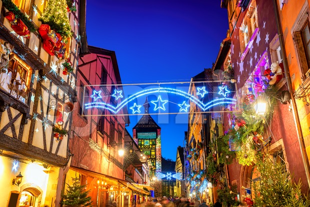 Riquewihr Old town in Christmas time, Alsace France Stock Photo