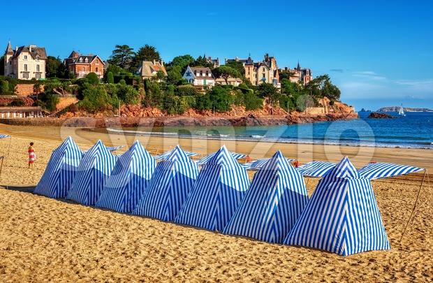 Beach tents in Dinard, Brittany, France Stock Photo