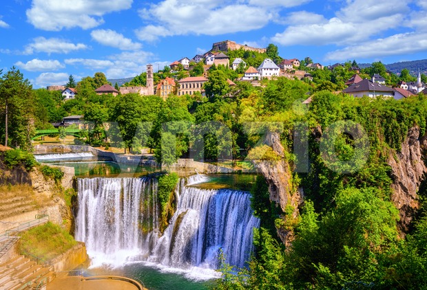 Pliva waterfall in Jajce town, Bosnia Stock Photo