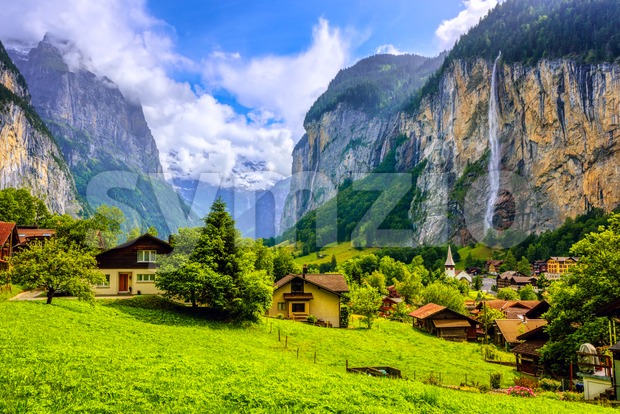 Lauterbrunnen village in an Alps mountains valley, Switzerland Stock Photo