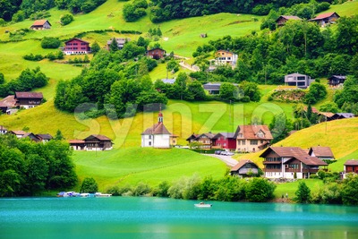 Village on Lake Lungern, Switzerland Stock Photo