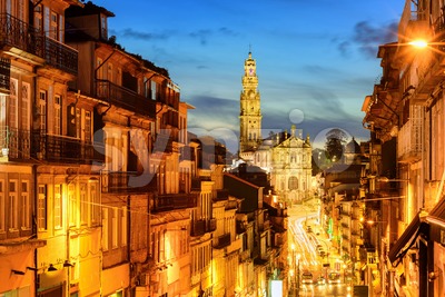 Porto town with Dos Clerigos cathedral at night, Portugal Stock Photo
