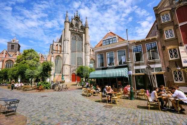 Historical Old town and Hooglandse Kerk church in Leiden, Netherlands Stock Photo
