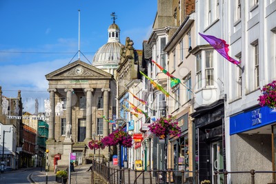 Main street of Penzance town, Cornwall, England, UK Stock Photo