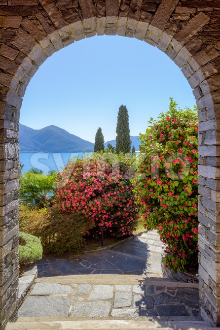 Mediterranean garden on lake Lago Maggiore, Italy Stock Photo